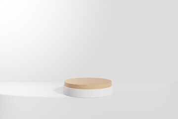 abstract White pedestal display with white and wooden cylinders with box support concept. Podium for brand promotion products, realistic 3d digital rendering