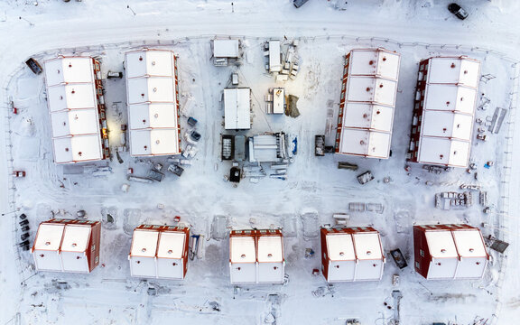 Aerial view of residential houses at winter. Scandinavian neighborhood, suburb.