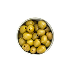 Green pitted olives in a bowl isolated over white. Top view, from above.