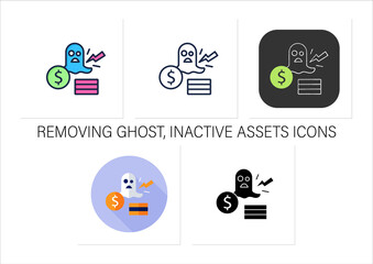 Remove icons set. Removing ghost, inactive assets. Not physically accounted in workplace. Asset management concept.Collection of icons in linear, filled, color styles.Isolated vector illustrations