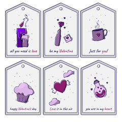A set of 6 tags with delicious designs for holiday decoration. love concept. Price tag happy valentines day. Template for decoration.