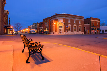 Evening street view of historic downtown Fort Macleod, Alberta, Canada
