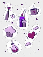 Vector illustration in MBE style. A set of stickers of 6 pieces for a happy valentines day. Valentine card with red heart. Love concept.