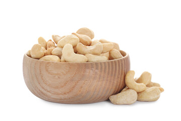 Bowl and tasty organic cashew nuts isolated on white