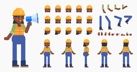 Creation kit of a female construction worker. Modern vector illustration. Create your own pose, action, animation