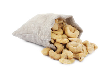 Sack and tasty organic cashew nuts isolated on white