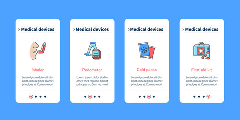 Medical devices onboarding mobile app screens. Treatment steps menu. Inhaler, pedometer, cold packs, first aid kit.Set of UI, UX, web template with RGB color linear icons
