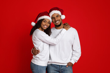 Fototapeta premium Loving african american woman hugging her cheerful boyfriend