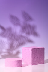 Empty podium or stand for product showcase, plant and shadow on violet background