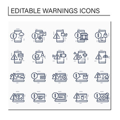 Warnings line icons set. Different notification types. Error messages. Exclamation pointer. Signs variation concepts.Isolated vector illustrations.Editable stroke