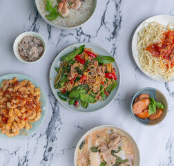 Thai Style Suki, Spaghetti and Rice Dishes. 