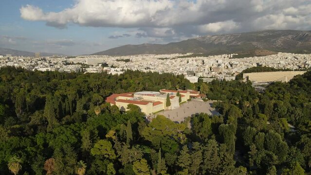 Zappeio Hall Conference Center, Athens, Greece. Aerial View of Building in Green Gardens on Sunny Summer Day, Drone Shot