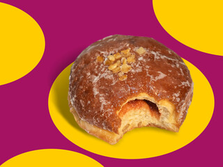 Bitten donut with fruit jam on a fat thursday on an abstract circle isolated background.