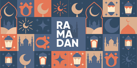 Ramadan Kareem. Mosque. Islamic greeting card template with ramadan for wallpaper design. Poster, media banner. Vector illustration.