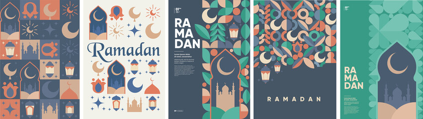 Ramadan Kareem. Islamic greeting card template with ramadan for wallpaper design. Poster, media banner. A set of vector illustrations. - obrazy, fototapety, plakaty