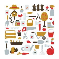Set of icons of garden tools. Design of garden shop, garden centers. All objects are separated. Vector illustration.