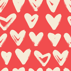 Seamless pattern with hearts. Dry brush. Monochrome background.