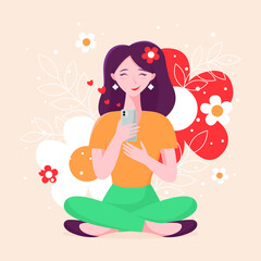 vector illustration of a girl texting her beloved