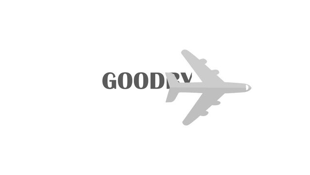 A gray plane flies leaving a trail, the inscription goodbye. Animated video, 4K