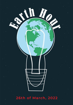 Earth hour banner with electric lamp and globe of Earth. Voice for the planet concept. Vector vector illustration
