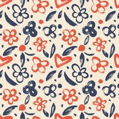 Seamless pattern with flowers. Dry brush. Monochrome background.