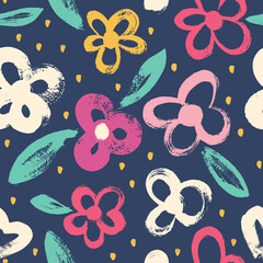 Seamless pattern with flowers. Expressive dry brushes.