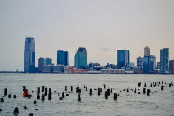 View on Hudson river in the evening near the Battery Park, Lower Manhattan, New York City, USA