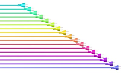 eine Reihe regenbogenbunter Stecker mit Kabel