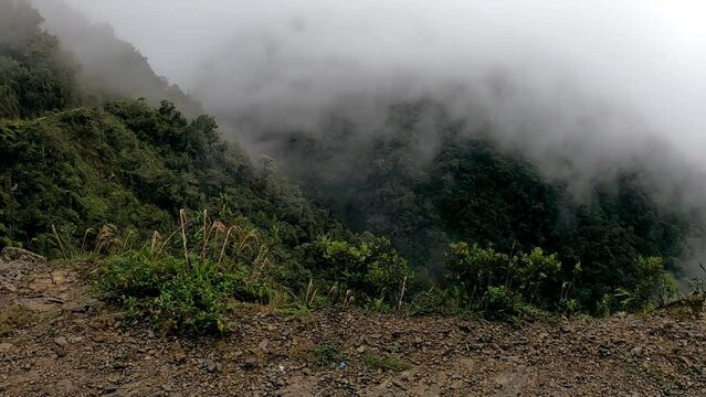 Scenic view from bus driving on Death road next to abyss, Bolivia