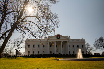 Low angle view of US Presidents home and fountain, the White House in Washington, DC.