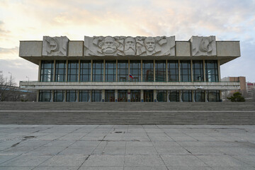 The former house of political education. The building in the style of Soviet modernism, bas-reliefs of Marx, Engels, Lenin.