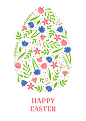 Happy Easter greeting card. Easter egg decorated with flowers. Template for poster, greeting card, invitation or postcard. 