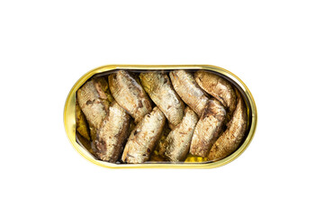 Open tin can of sardines on a white background. Fish sprats in a metal jar isolated. Top view, from above.