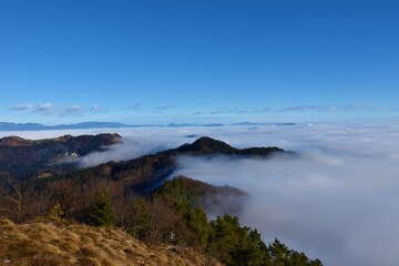 Fog covered Ljubljana basin with forest covered hills rising above the fog in Slovenia