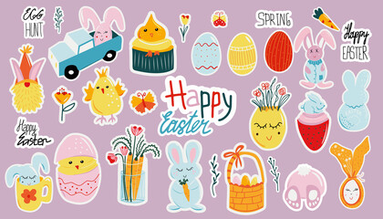 Set of Easter stickers: eggs, rabbit, flowers, carrot, chick. Cute hand drawn illustrations.
