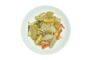 fried bean sprout with slice yellow tofu and chop pork couple fish ball on plate