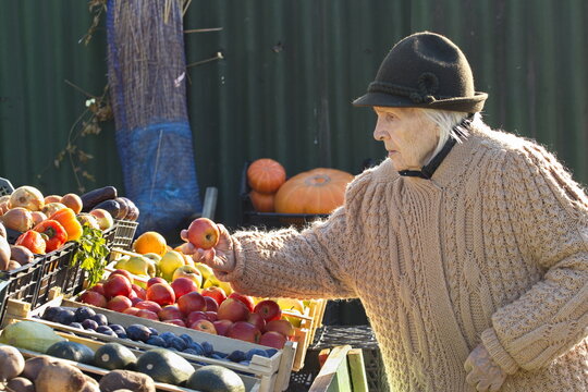 Grandma at the farmer's market. Grandmother chooses apples at the farmers' market.