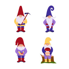 Set with cute gnomes. A cute gnome holds multi-colored diamonds in his hands. The gnome smiles. The gnome sits on a stump. Flat style. Separate on a white background. Long mustache Vector illustration