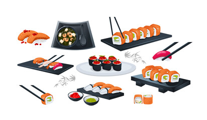 Set with Japanese food. Philadelphia roll on a black table. Sashimi sushi, miso soup, red caviar. Japanese cuisine in the restaurant. Isolated on white background. Flat style. Vector illustration.  © Svetlana