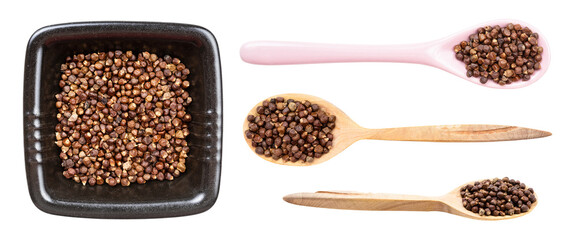 set of various grains of paradise peppers isolated