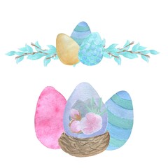 Watercolor illustrations of eggs with decorative elements, Easter holiday
