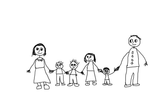 Big family drawn by little child. Family of four kids scribble or hand drawing. Parenthood concept.