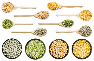 set of various dry peas isolated on white