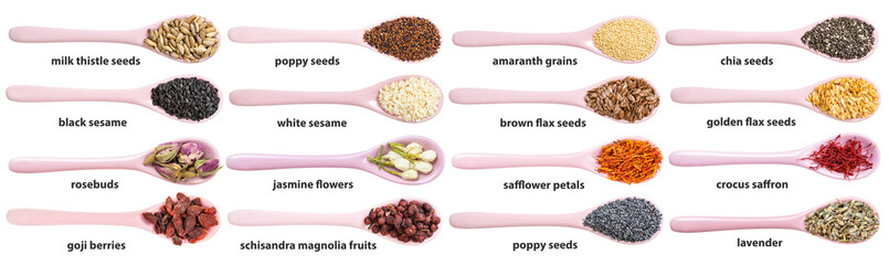 set of ceramic spoons with various flavoring seeds