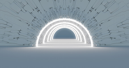 Naklejka premium 3d rendering. Marble corridor with columns stretching into the distance with neon lights on the sides. Background for your design.