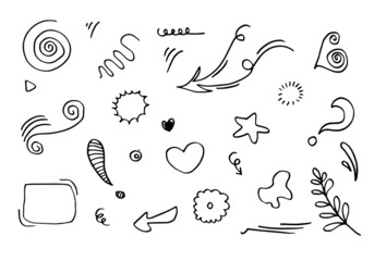 leaves, hearts, abstract, ribbons, arrows and other elements in hand drawn styles for concept designs. Doodle illustration. Vector template for decoration
