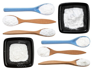 top view of baking powder in black bowl isolated