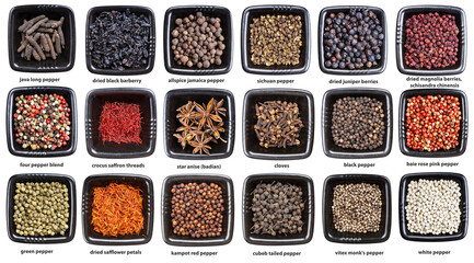 set of black bowls with various spices with names