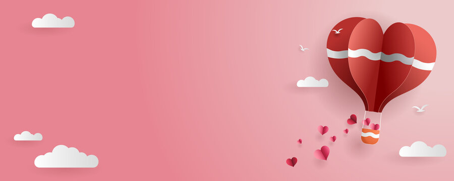 Paper cut love and valentines day, origami lovers with balloons floating above the clouds.