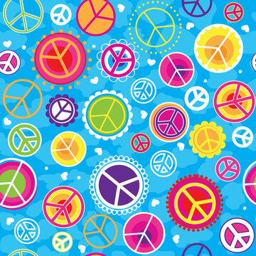 Seamless Vector Pattern of Peace Signs in Bright Tween Colors.